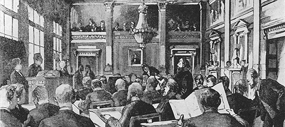 En svartvitt teckning där representanter har samlats i salen.