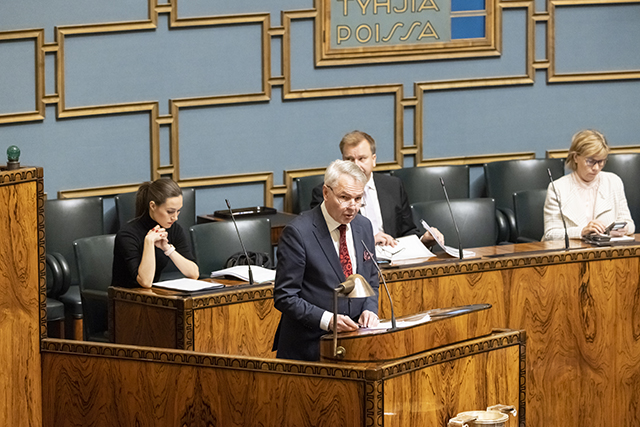 Foreign Minister Pekka Haavisto giving his presentation speech