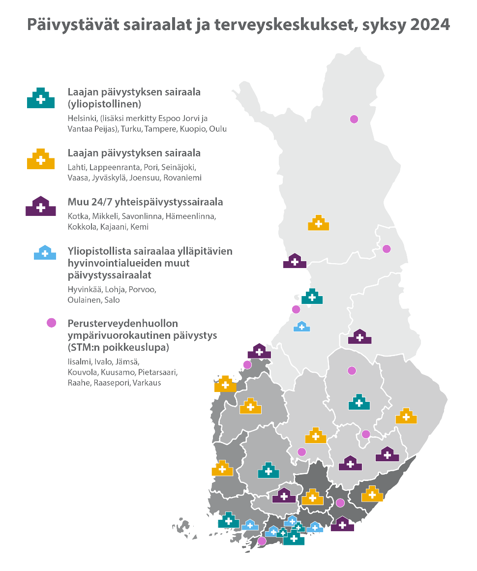 Suomen kartalla on esitetty edellä leipätekstissä kuvaillut ympärivuorokautisesti päivystävät sairaalat ja terveyskeskukset.