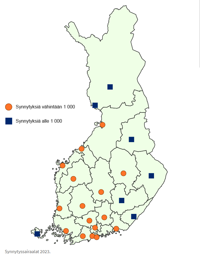 Kuvassa kuvataan Suomen kartalla paikkakunnat, joissa sijaitsevissa sairaaloissa saa järjestää synnytyksiä. Kartassa erotellaan ne paikkakunnat, joissa sijaitsevissa sairaaloissa synnytyksiä oli vuonna 2023 vähintään 1000, sekä ne, joissa synnytyksiä oli tätä vähemmän.  Vähintään 1000 synnytystä oli näissä paikkakunnilla sijaitsevissa sairaaloissa: Helsinki, Espoo, Turku, Kuopio, Oulu, Tampere, Jyväskylä, Vaasa, Hämeenlinna, Pori, Kotka, Kokkola, Seinäjoki, Lahti, Lohja, Hyvinkää Vähemmän kuin 1000 synnytystä oli näissä paikkakunnilla sijaitsevissa sairaaloissa: Lappeenranta, Kemi, Rovaniemi, Kajaani, Joensuu, Mikkeli, Maarianhamina