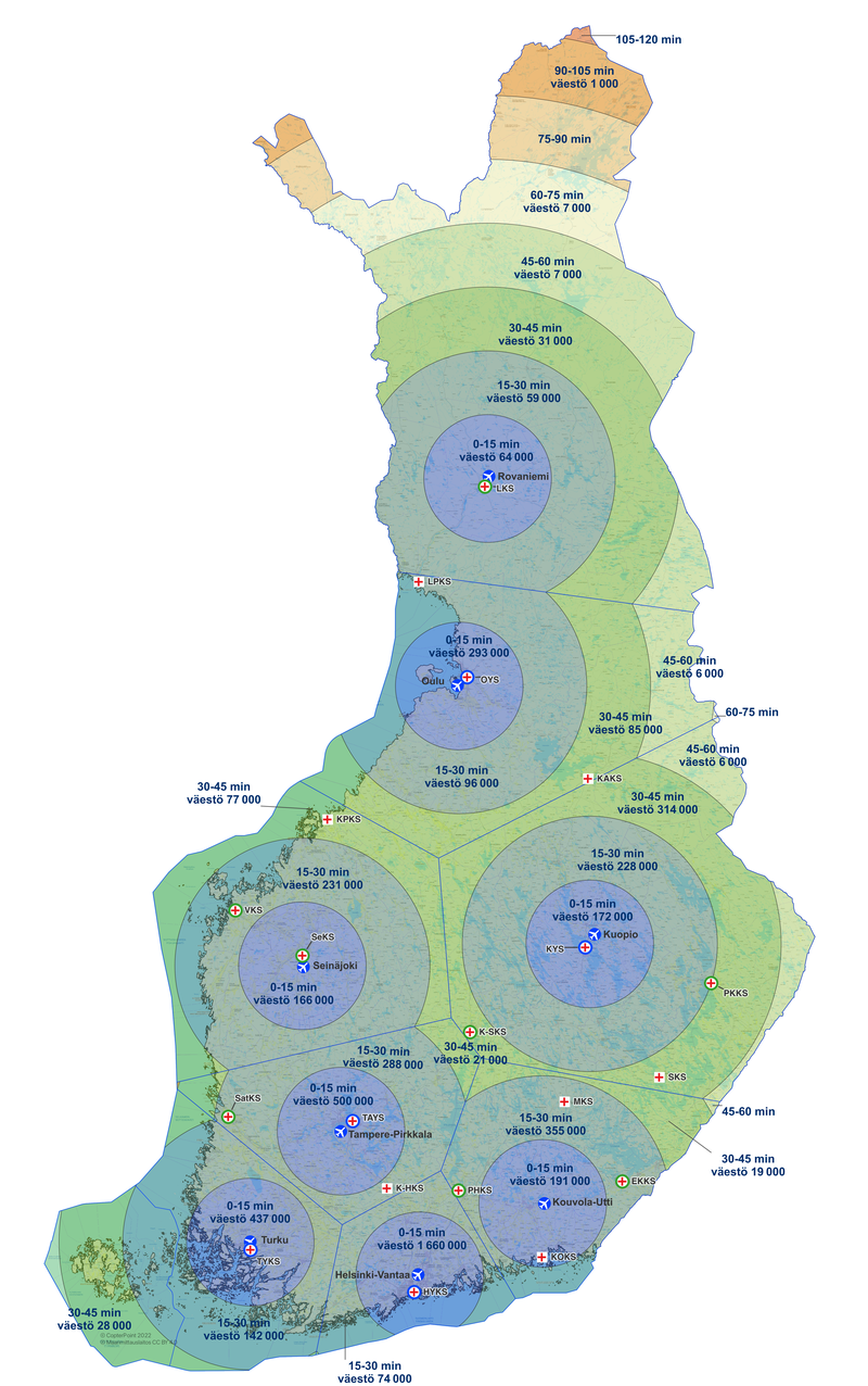 Kuvassa esitetään Suomen kartalla kuinka suuri osuus väestöstä on tavoitettavissa lääkäri- ja lääkintähelikopterien tukikohdista ja missä ajassa.